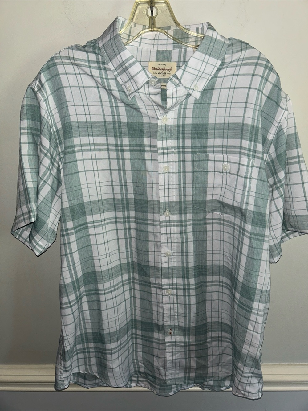 Weatherproof Short-Sleeve Plaid Button-Down Shirt in White and Sage